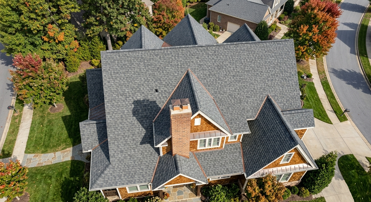 Aerial view of completed roof installation near Philadelphia
